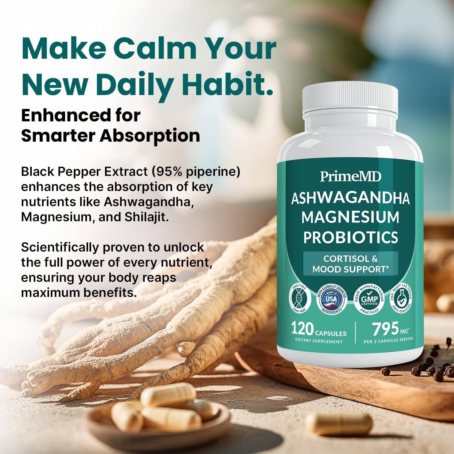 5-In-1 Cortisol Supplement for Women and Men with Ashwagandha for Calmness, Focus, and Adrenal Support Supplements with Shilajit Extract, Magnesium Glycinate, Probiotics (120 Ct) (Pack of 1)