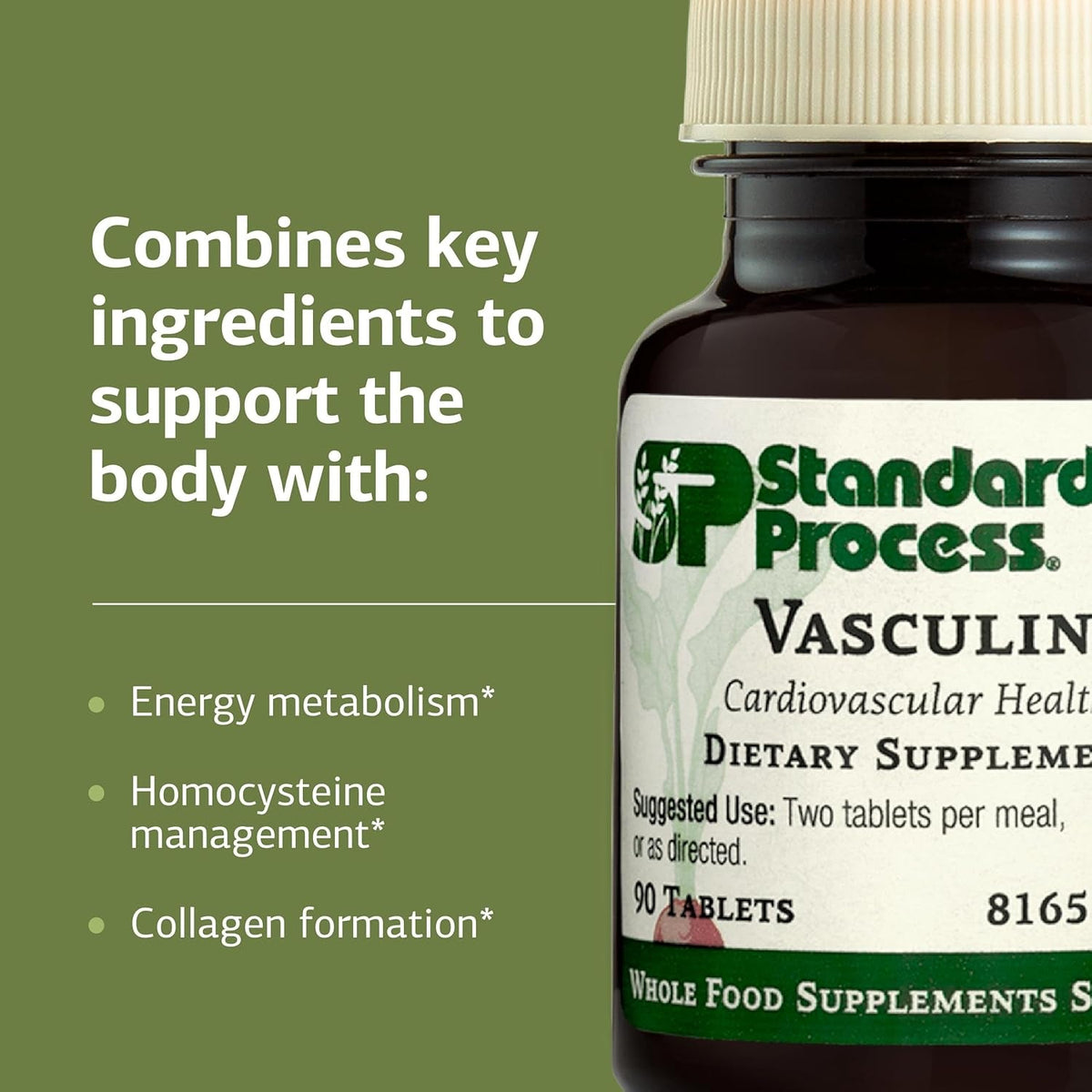 Standard Process Vasculin - Supplement for Cardiovascular & Healthy Heart Support - Supports Collagen Formation & Heart Health - Non-Dairy & Non-Soy - 90 Tablets (45 Servings)