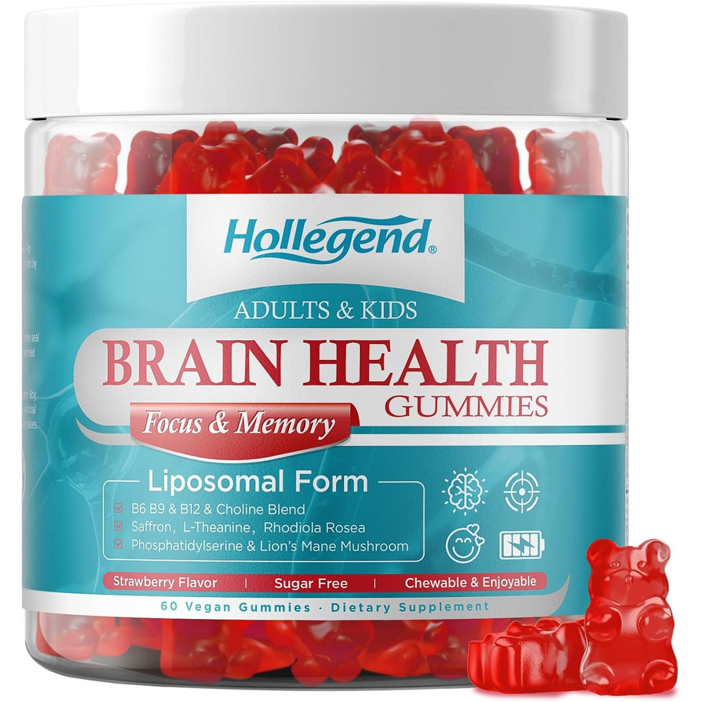Brain Supplement Gummies, with Choline, Lion’S Mane Mushroom, Phosphatidylserine & More, Brain Supplement for Memory and Focus Support, Adults & Kids, Vegan, Sugar Free, Organic, 60 Gummies