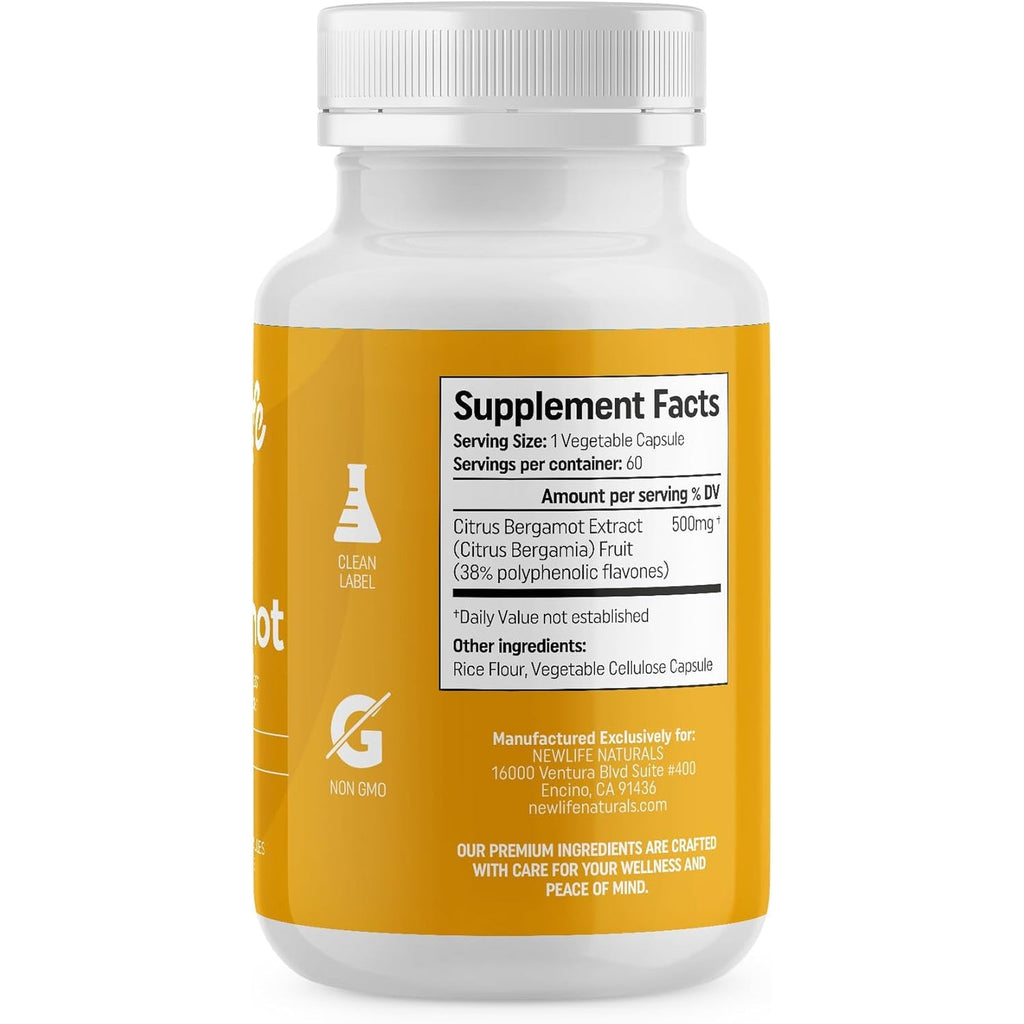 Newlife Naturals Citrus Bergamot Supplements 500 MG - Heart Health - Supplement for Wellness and Aging Support - Pure Extract Formula - 60 Veggie Capsules