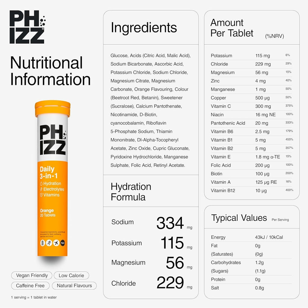 Phizz Electrolyte Multivitamin Rehydration Tablets - 19 Vitamins & Minerals, Energy Boost (Orange, 20 Tablets)