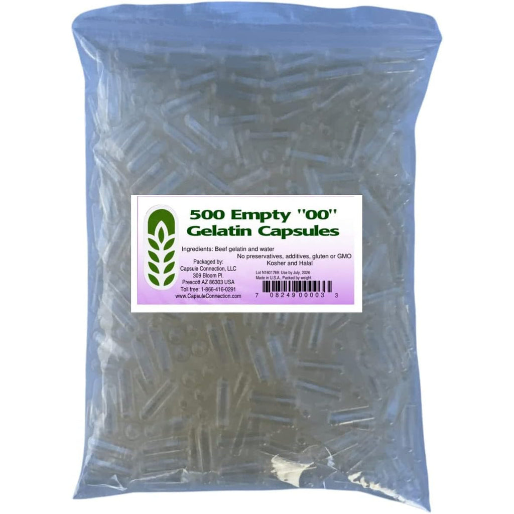 Capsule Connection USA-MADE 500 Bulk Empty Gelatin Capsules, 00 Size Resealable Bag