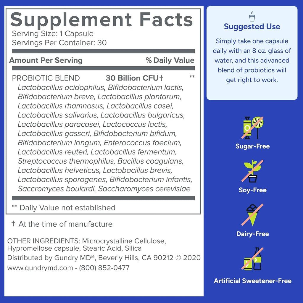 Gundry MD® 24 Strain Probiotic – 30 Billion Cfus for Gut Health, Digestion and Immune Support, 30 Capsules