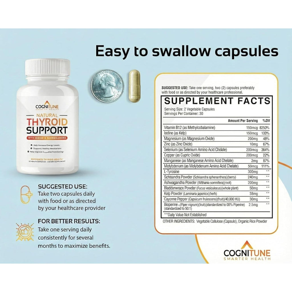 Cognitune Thyroid Support Supplement for Women and Men - Complete 14 Ingredient Formula with Iodine Selenium and B12 - Supports Natural Energy Metabolism and Mental Focus