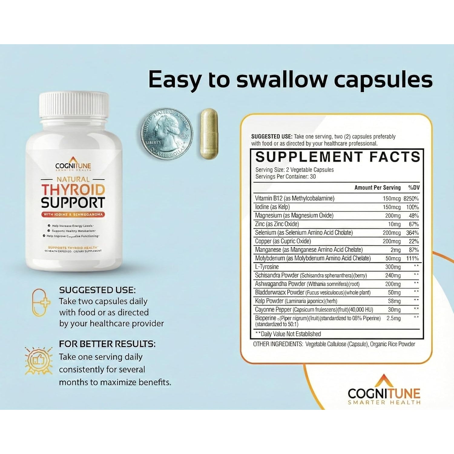 Cognitune Thyroid Support Supplement for Women and Men - Complete 14 Ingredient Formula with Iodine Selenium and B12 - Supports Natural Energy Metabolism and Mental Focus