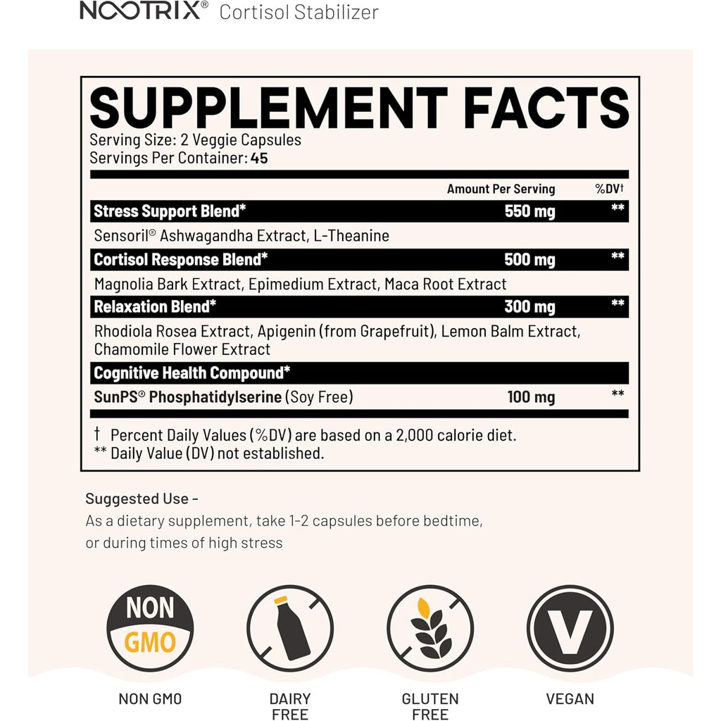 Nootrix Cortisol Manager & Stabilizer Supplement | Supports Deep Sleep, Relaxation, Adrenal Health & Stress | 300Mg Ashwagandha | L-Theanine, Rhodiola Rosea Extract & Apigenin | 90 Capsules