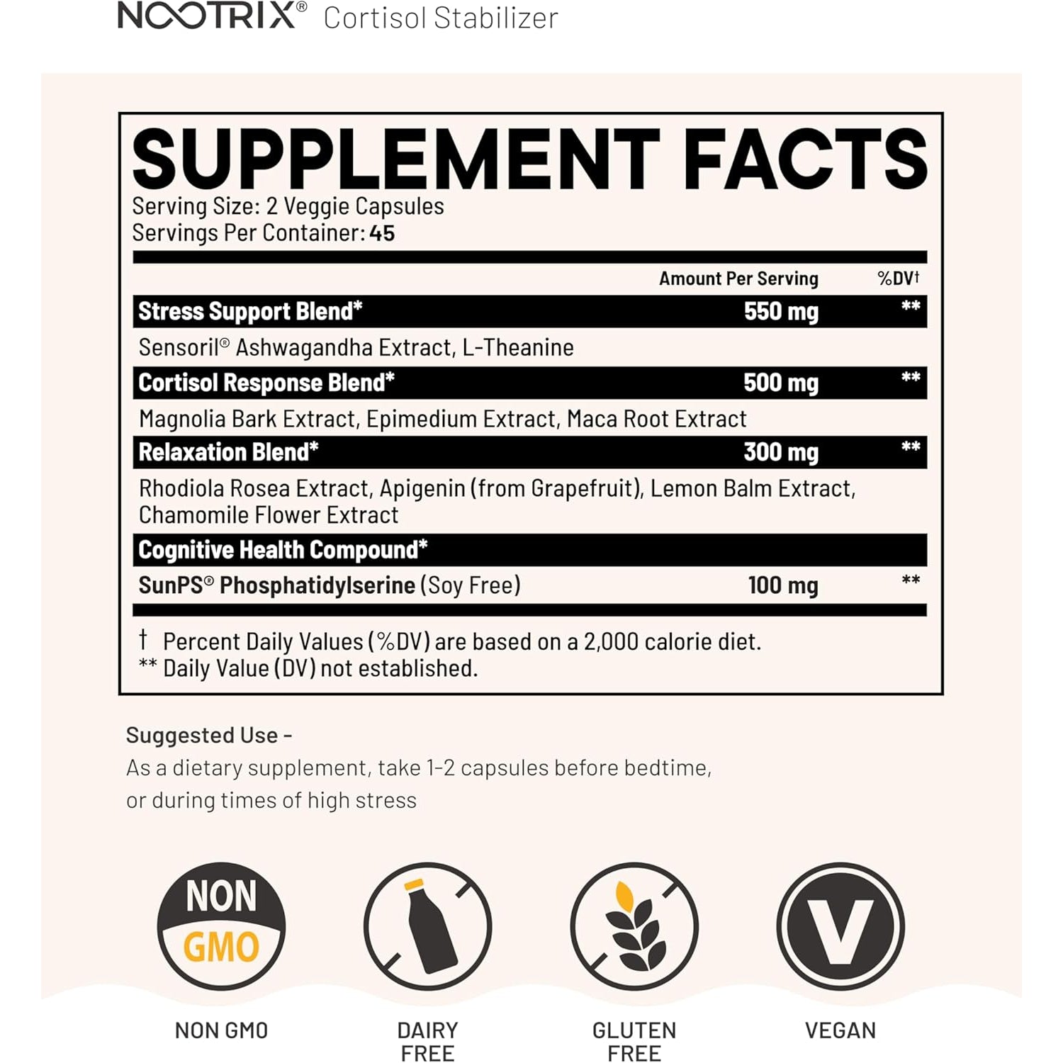 Nootrix Cortisol Manager & Stabilizer Supplement | Supports Deep Sleep, Relaxation, Adrenal Health & Stress | 300Mg Ashwagandha | L-Theanine, Rhodiola Rosea Extract & Apigenin | 90 Capsules