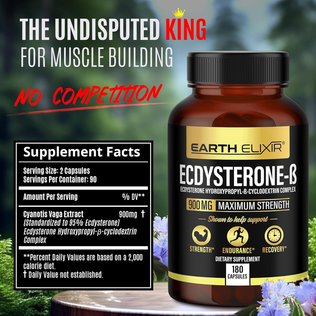 Earth Elixir Ecdysterone Supplements 900Mg (180Capsules) – Made in USA - Muscle Building Supplements for Men W/ 95% Beta Ecdysterone W/Hydroxypropyl-Β-Cyclodextrin for Enhanced Bioavailability