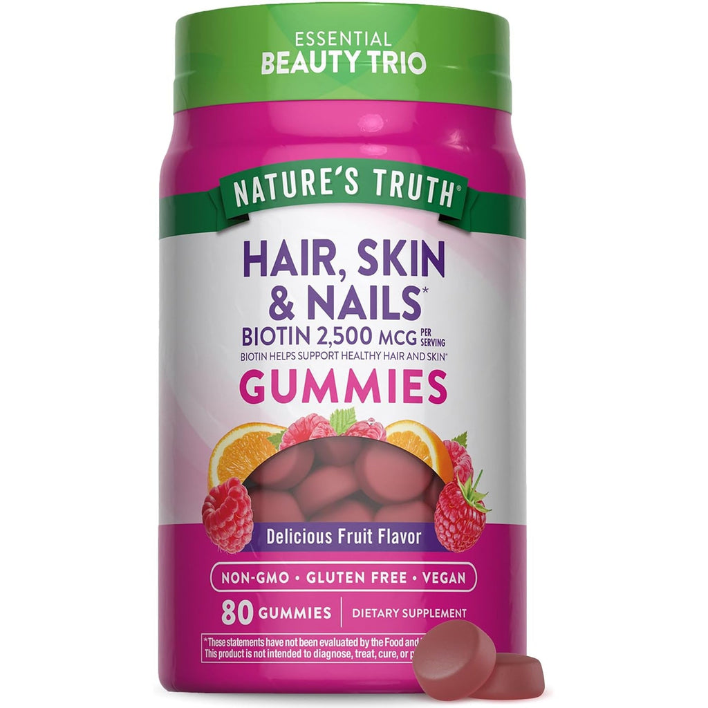 Nature'S Truth Hair Skin and Nails Gummies | 80 Count | 2500Mcg of Biotin | Vegan, Non-Gmo, Gluten Free Supplement | Vitamin for Women & Men