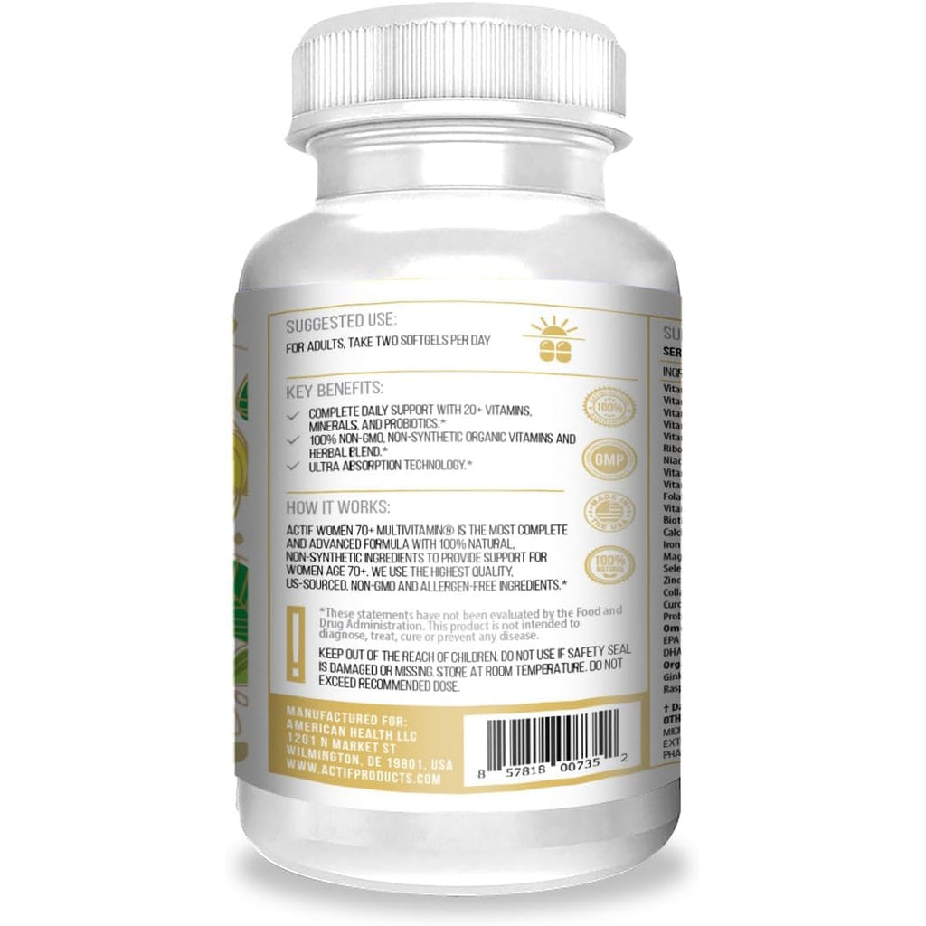 ACTIF Organic Multivitamin for Women Age 70+ with 20+ Advanced Factors and Omega-3, Non-Gmo, Made in USA, 90 Count