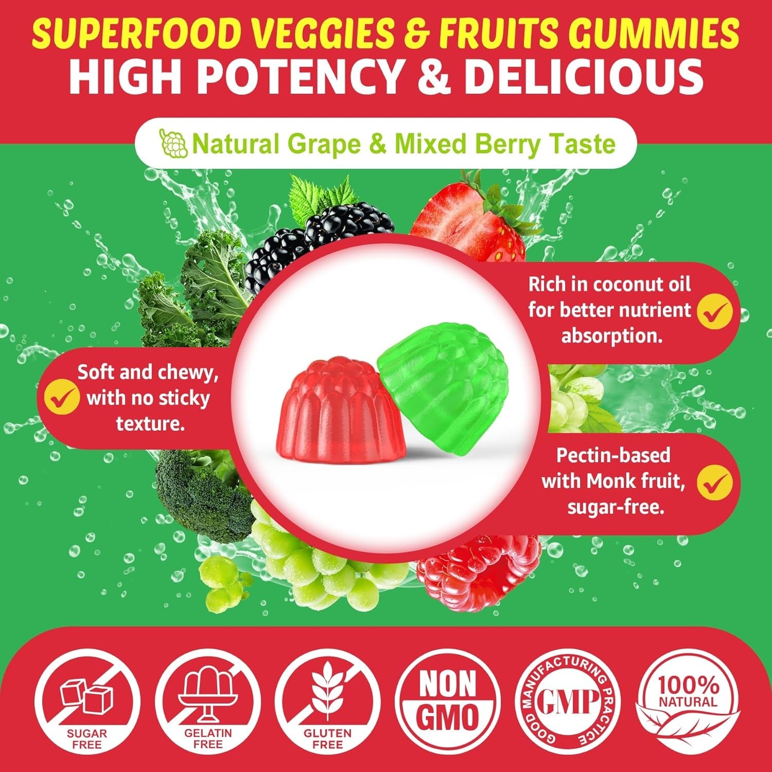 Super Greens Gummies, Daily Green Superfood Supplement W/Spirulina, Chlorella, Mushrooms, Probiotics, Multivitamins, 50+ Super Greens & Veggies Gummies to Boost Immunity, Energy & Gut Health, 120Cts