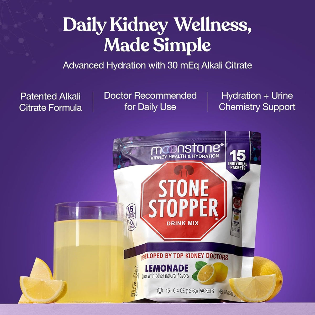Stone Stopper Drink Mix, Lemonade, Kidney Stone Prevention, Calcium Oxalate Protector, Alkali Citrate Support, Developed by Urologists to Improve Hydration and Support Kidney Health, 15 Day Supply