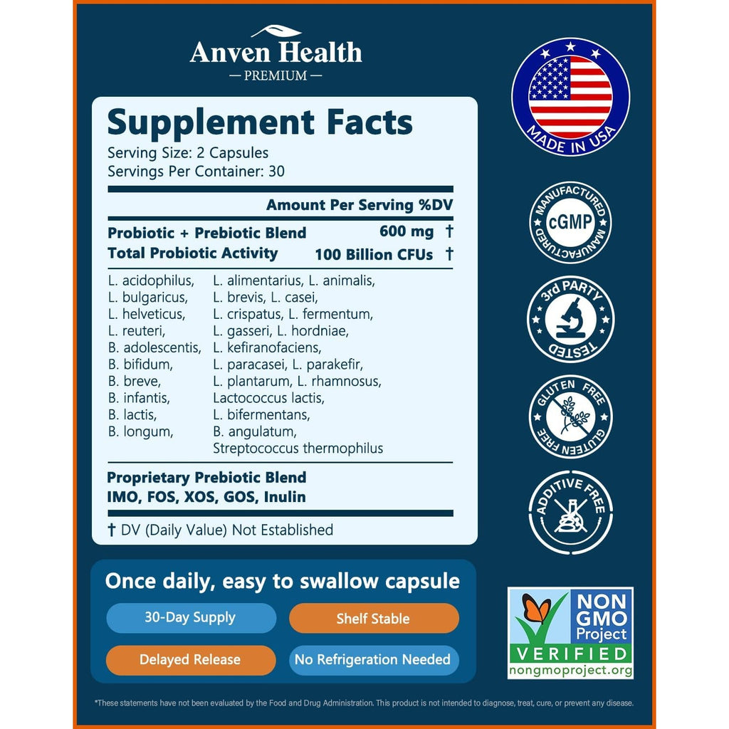 100 Billion Probiotics for Men and Women 27 Strains 5 Organic Prebiotics for Gut Digestive & Immune Health, Supports Diarrhea Gas Bloating, Non-Gmo, Zero Fillers – Made in USA丨60 Caps
