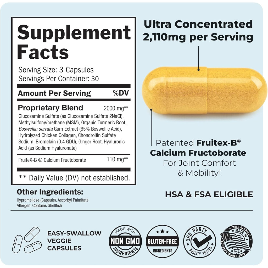 Glucosamine Chondroitin MSM Joint Support Supplement - Collagen Peptides, Turmeric and Ginger, Hyaluronic Acid, Glucosamine Chondroitin Sulfate for Joint Comfort - Gluten Free, Non GMO, 90 Capsules