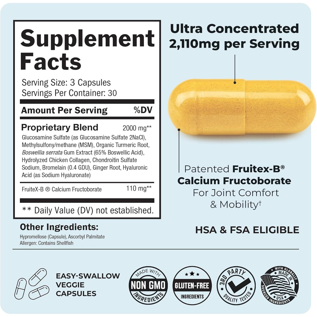 Glucosamine Chondroitin MSM Joint Support Supplement - Collagen Peptides, Turmeric and Ginger, Hyaluronic Acid, Glucosamine Chondroitin Sulfate for Joint Comfort - Gluten Free, Non GMO, 90 Capsules