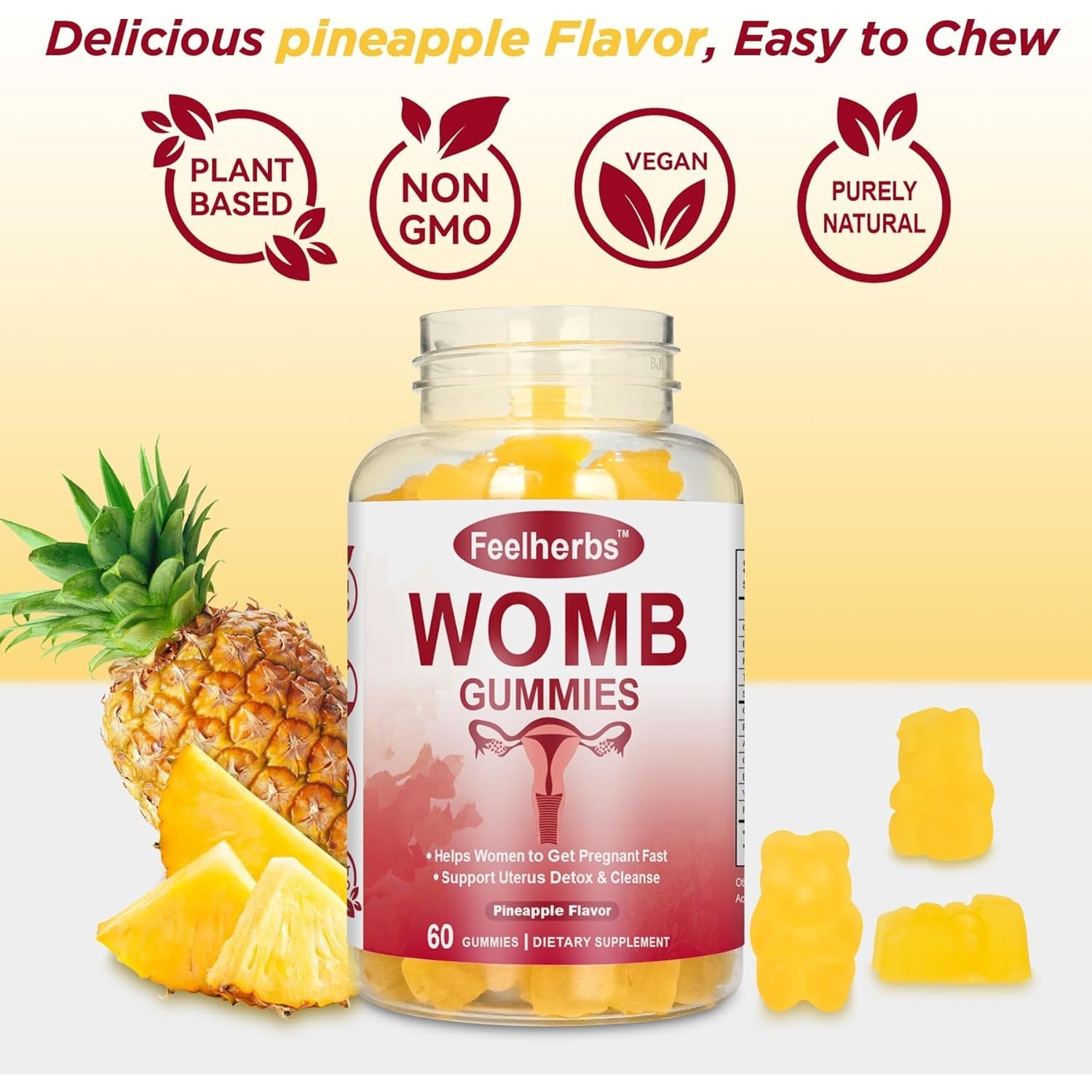 Womb Gummies for Women Ovary & Uterus Cleanse Detox, Pineapple Feminine Balance Fertility Gummies to Help Get Pregnant, Vegan Fertility Support, Gluten-Free, 60 Count