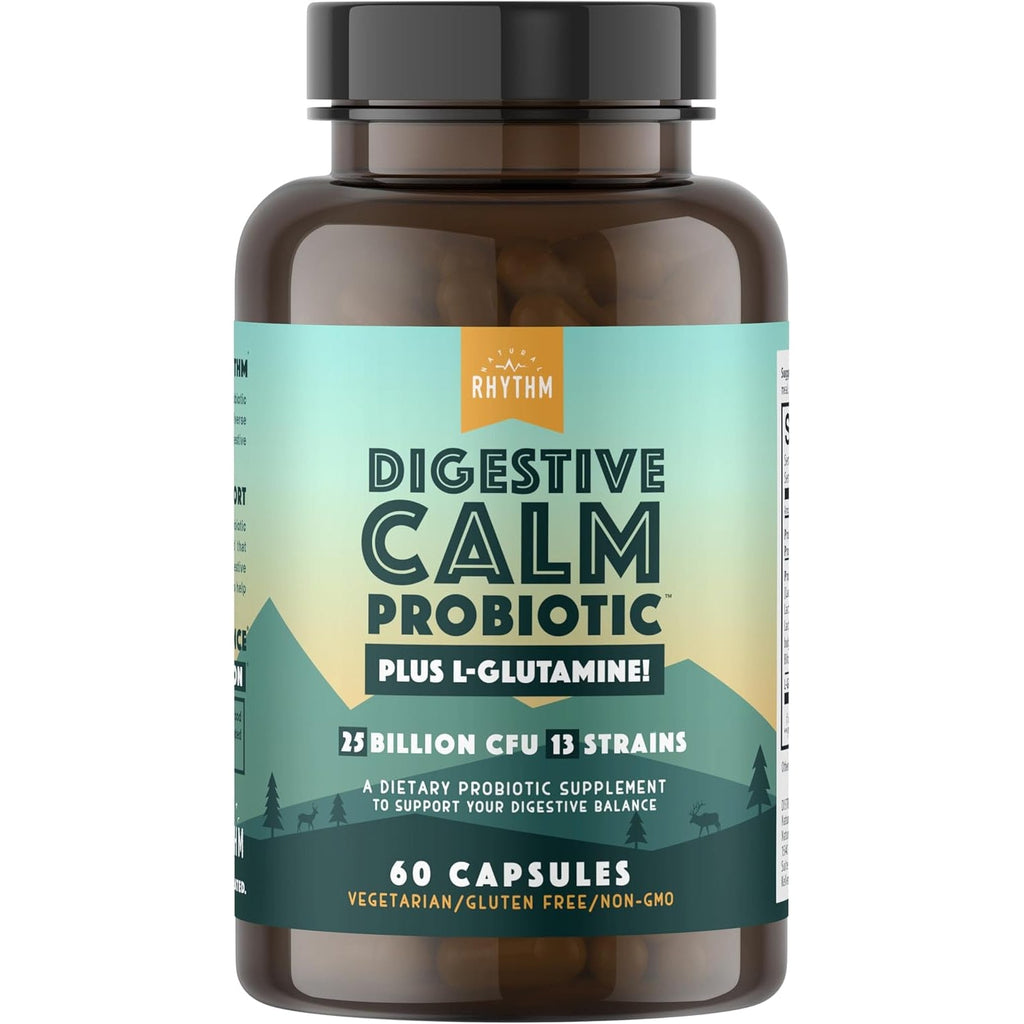 Natural Rhythm Digestive Calm Probiotic + L-Glutamine – 25 Billion CFU, 13 Strains, Digestive & Immune Support Supplement, Vegetarian Capsules (60 Count)