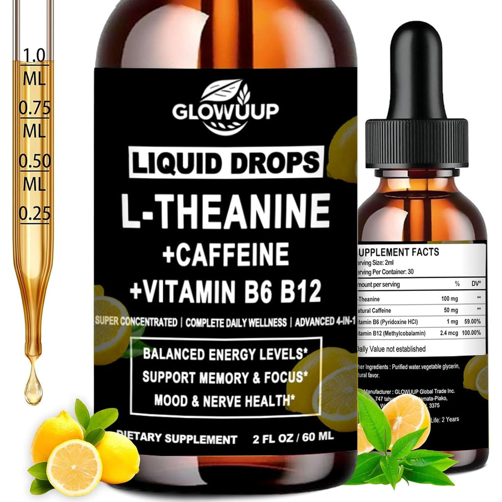 L-Theanine Supplement with Caffeine, Organic Liquid Caffeine 50Mg W. L-Theanine 100Mg, Vitamin B12 B6 for Focused Energy, Alertness & Recess Mood, Nootropic Brain Drops for Women & Men丨30 Days Supply