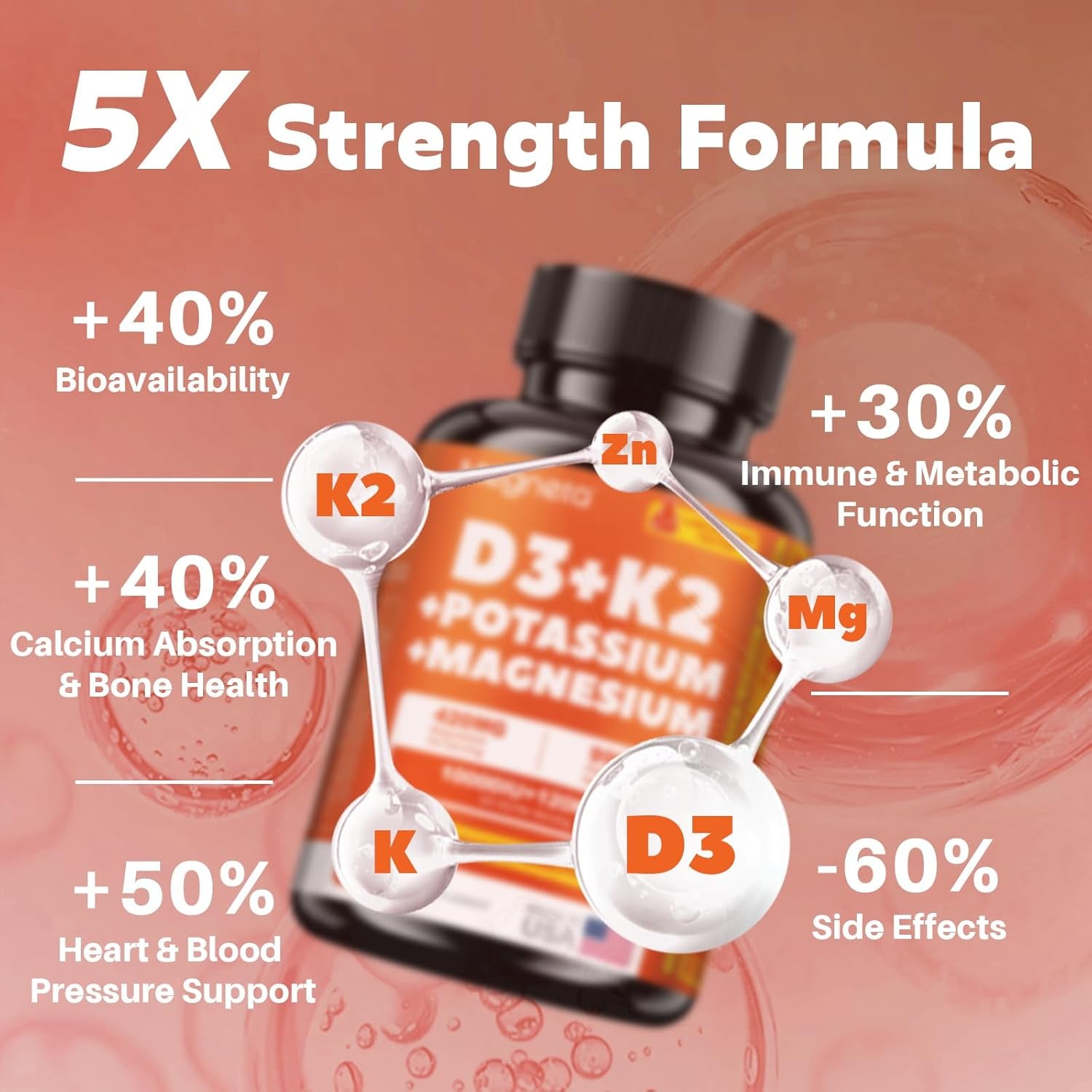 Vitamin D3 K2 (MK-7) 10,000 IU with Magnesium Glycinate & Potassium Supplement - Systemic Complex for Bone, Muscle, Heart, Immune, Energy & Sleep Support – High Absorption, 60 Capsules