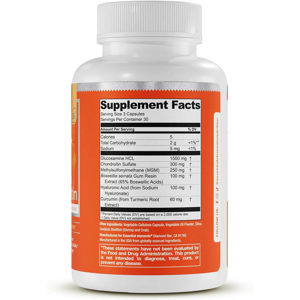 Essential Elements Glucosamine Chondroitin MSM Boswellia Serrata Hyaluronic Acid Supplement Joint Support Antioxidant Supplement for Flexibility - 90 Capsules