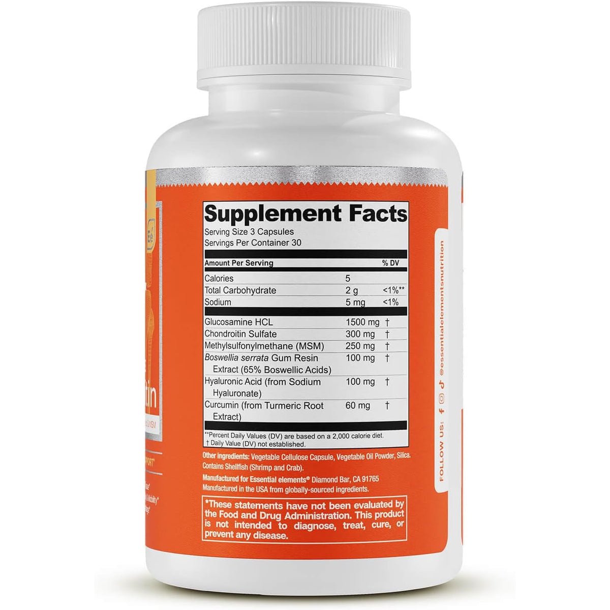 Essential Elements Glucosamine Chondroitin MSM Boswellia Serrata Hyaluronic Acid Supplement Joint Support Antioxidant Supplement for Flexibility - 90 Capsules