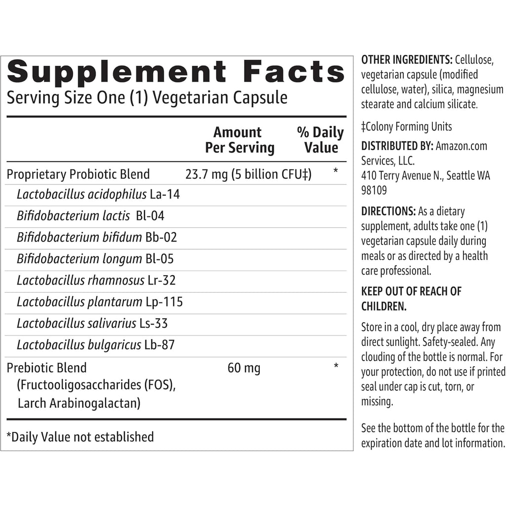 Amazon Basics Probiotic, 5 Billion CFU, No Artificial Colors & Flavors, Gluten-Free, 60 Vegetarian Capsules (Previously Solimo)