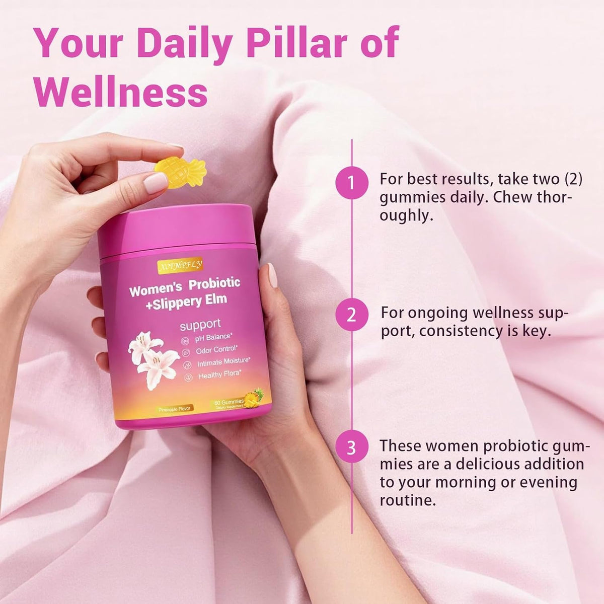 Her Juicy Feminine Probiotics Gummies for Women, with Slippery Elm, Supports Ph Balance, Gut Health & Immune System, Vegan, Gluten Free, Pineapple Flavor, 60 Count