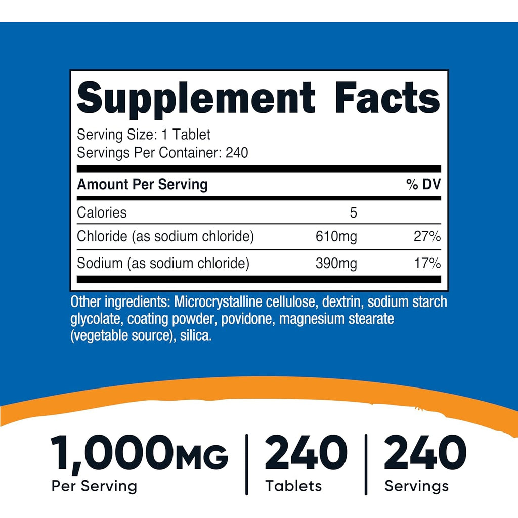 Nutricost Sodium Chloride 1000Mg, 240 Tablets - Salt Tablets, Non-Gmo, Gluten Free