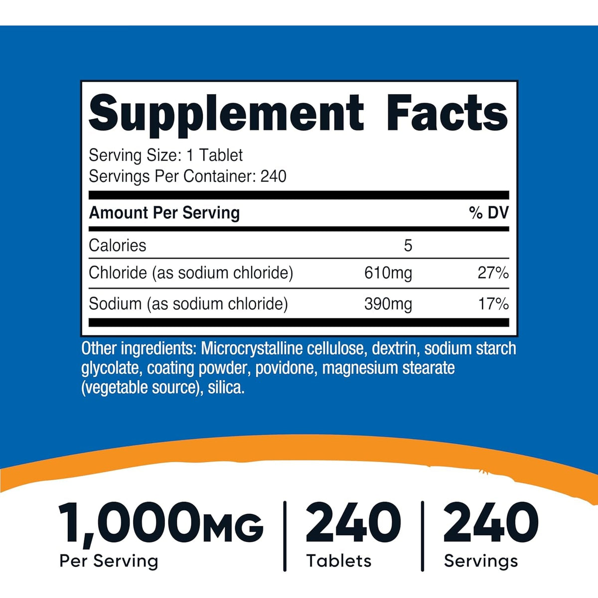 Nutricost Sodium Chloride 1000Mg, 240 Tablets - Salt Tablets, Non-Gmo, Gluten Free