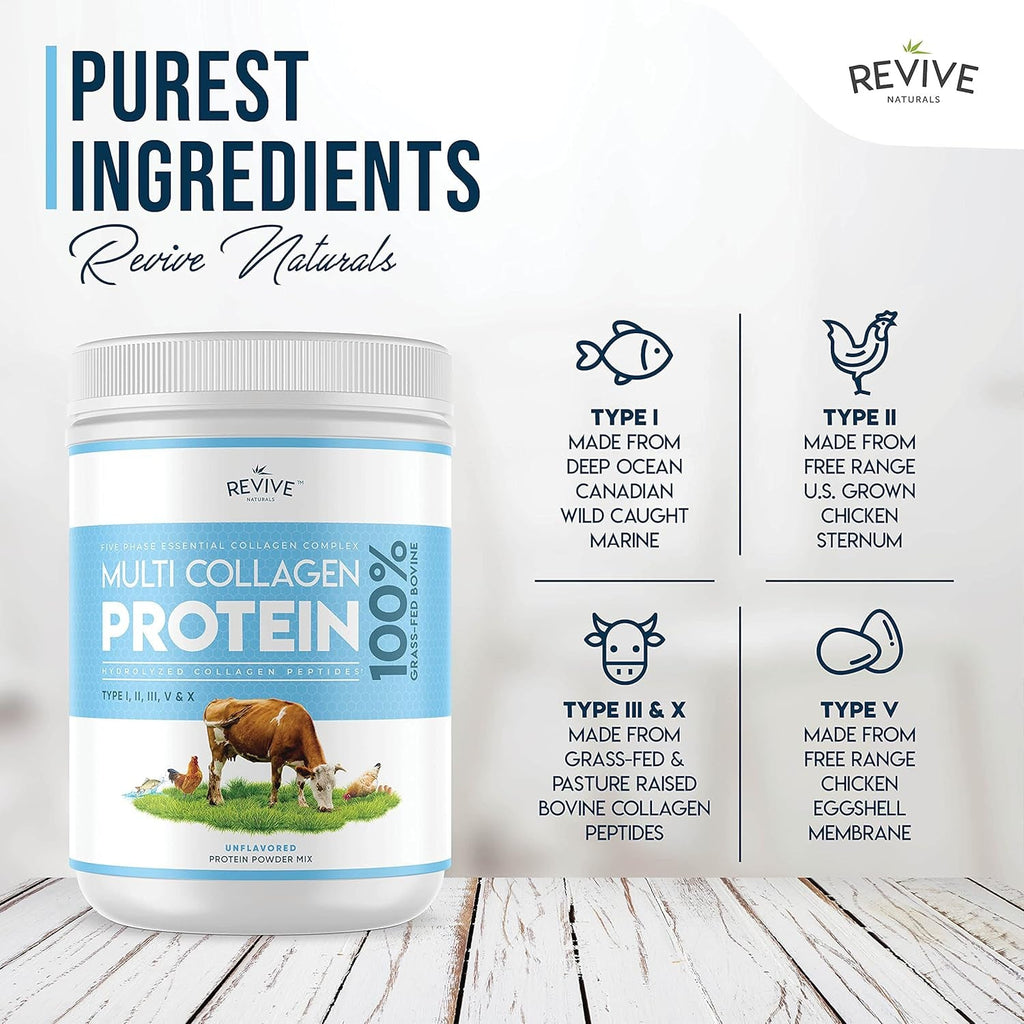 Revive Naturals Multi Collagen Hydrolyzed Protein Powder (16Oz) - Types I, II, III, V & X - Grass Fed Bovine, Wild Caught Marine, Free Roaming Chicken & Eggshell Collagen Peptides,