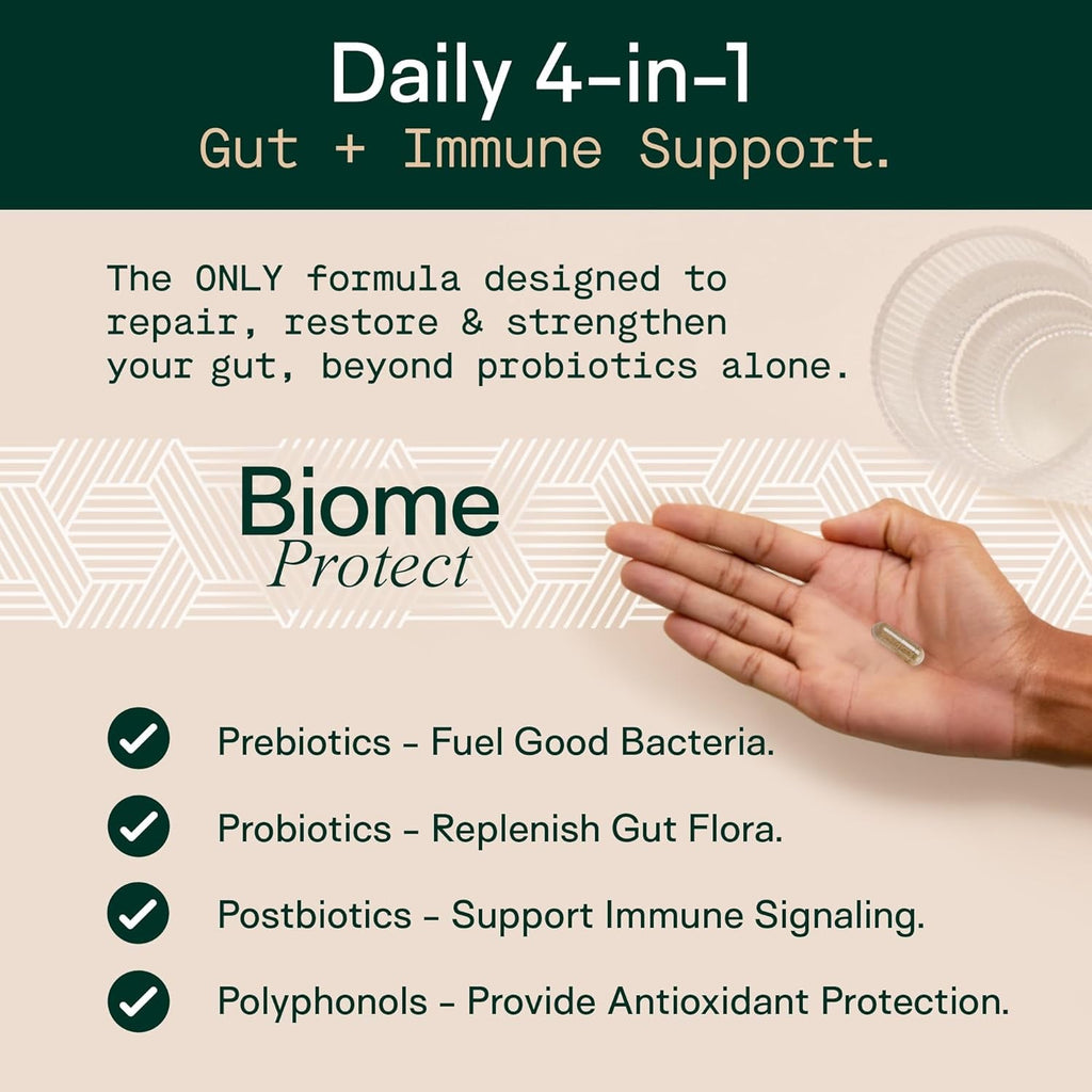 Adapt Naturals 4-In-1 Biome Protect Prebiotics, Probiotics Supplement Postbiotics & Polyphenols for Microbiome, Gut Health & Defense for Women & Men, 30 Day Supply