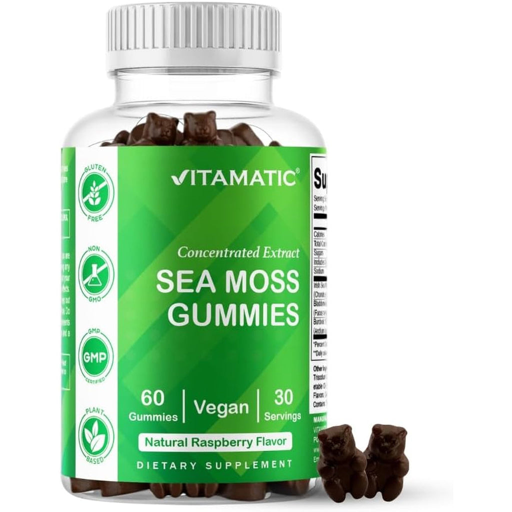 Vitamatic Irish Sea Moss Gummies with Bladderwrack & Burdock Root – Botanical Extract Supplement – Vegan, Non-Gmo – 60 Count