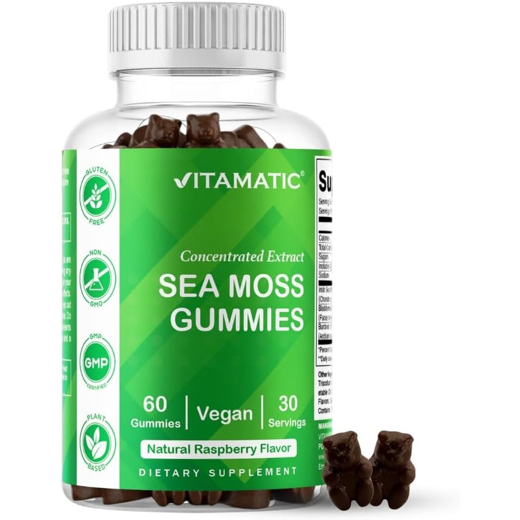 Vitamatic Irish Sea Moss Gummies with Bladderwrack & Burdock Root – Botanical Extract Supplement – Vegan, Non-Gmo – 60 Count