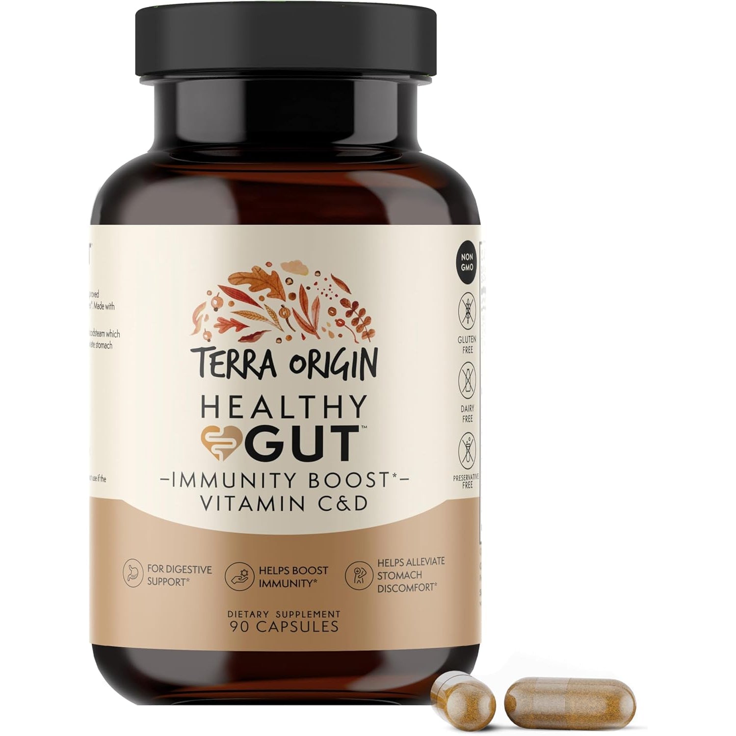 TERRA ORIGIN Healthy Gut Capsules with Immunity Boost | 90 Capsules | Non GMO, Gluten Free, Dairy Free | Digestive Support for Men and Women