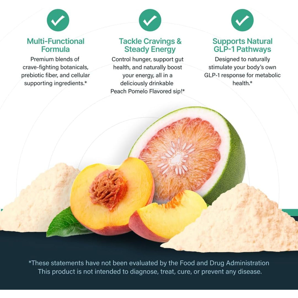 GLP-1 Booster | Control Cravings, Appetite Support & Gut Health | High in Fiber & Sugar-Free Drink Mix | GLP1 Supplements Weight Loss Women & Men | Peach Pomelo Flavor | Made in USA | 30 Servings