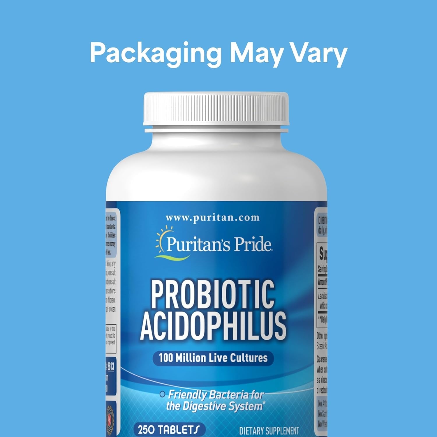 Puritan'S Pride Daily Probiotic Acidophilus, 100 Million Live Cultures, Dietary Supplement for Digestive, Gut, and Immune Health, Soy, Sodium, and Gluten Free, 8 Month Supply, 250 Tablets