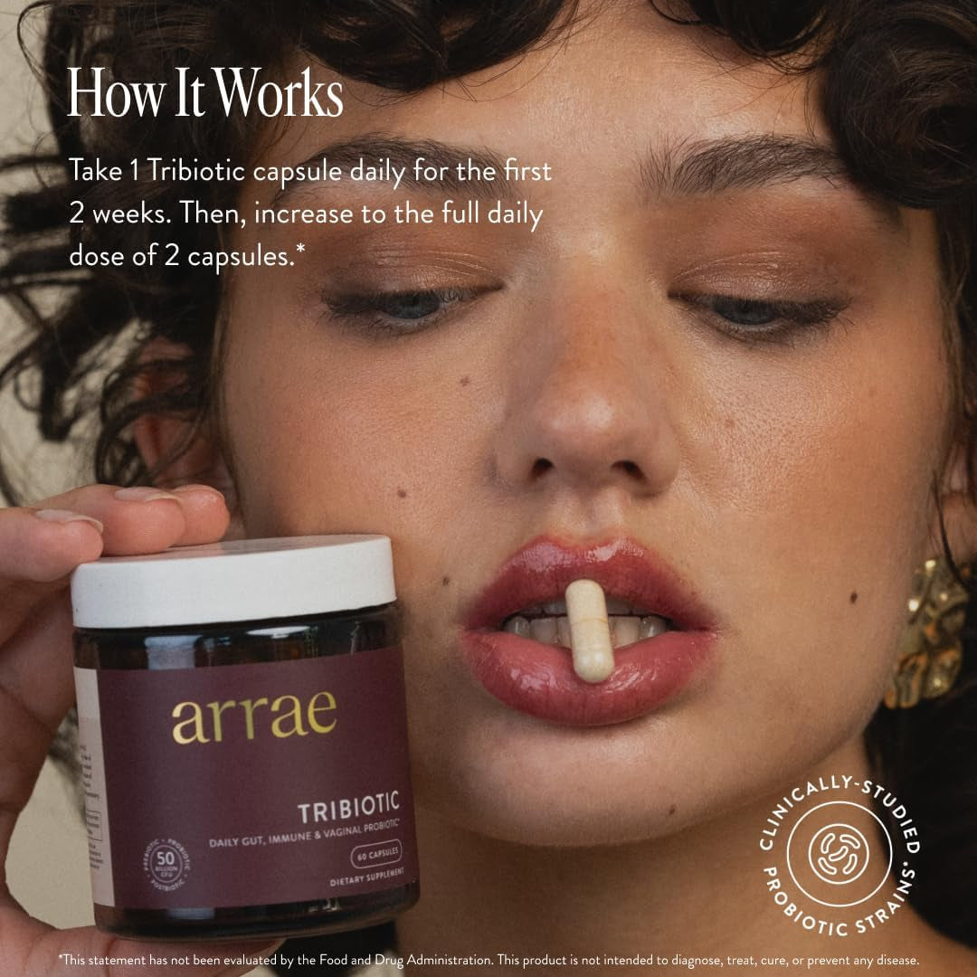 Arrae Tribiotic, Probiotics for Women, Support for Vaginal Ph Balance, Gut, Immune, and Feminine Health, Prebiotics, Probiotics, Postbiotics, 60 Count