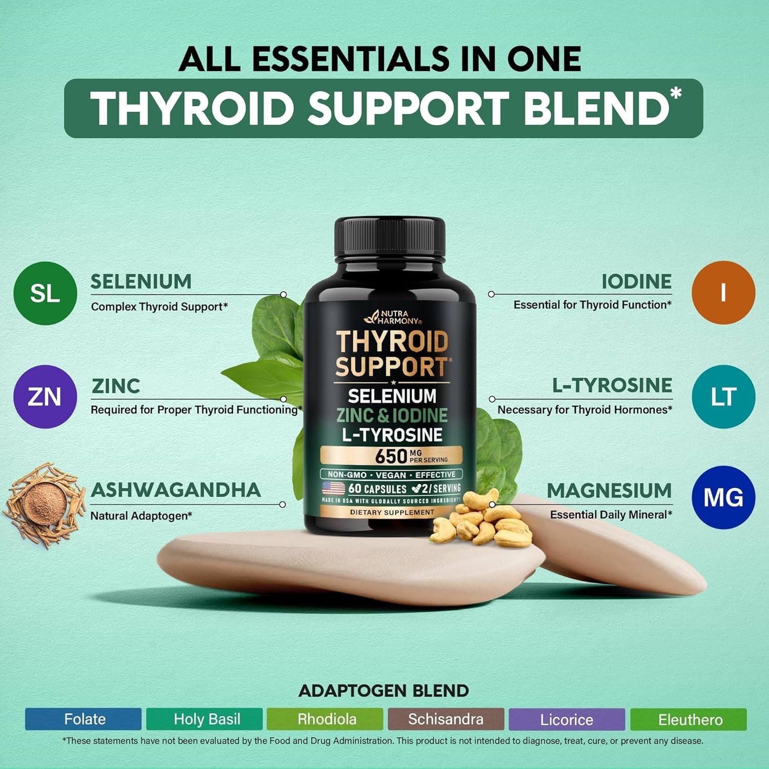 Thyroid Support for Women - Selenium 200 Mcg | Astragalus | Zinc & Iodine | L-Tyrosine | Adaptogen Herbs - 21-In-1 Antioxidant & Immune Support - Vegan, Non-Gmo - Lab Tested - 60 Capsules