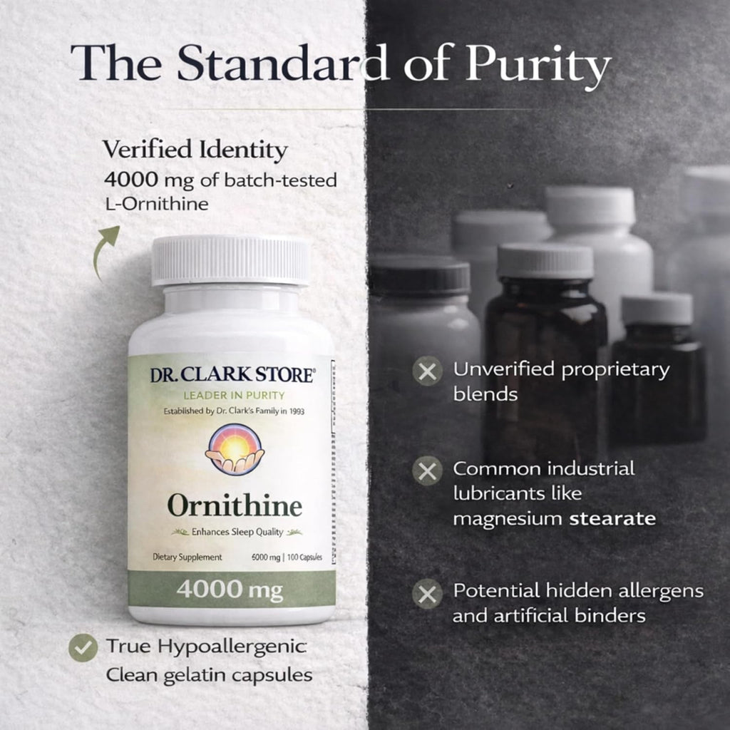 Dr Clark Ornithine Dietary Supplement - Gluten Free, Natural Sleep Aid, Promotes Protein Metabolism, Cleansing and Detoxification, 500Mg, 100 Gelatin Capsules