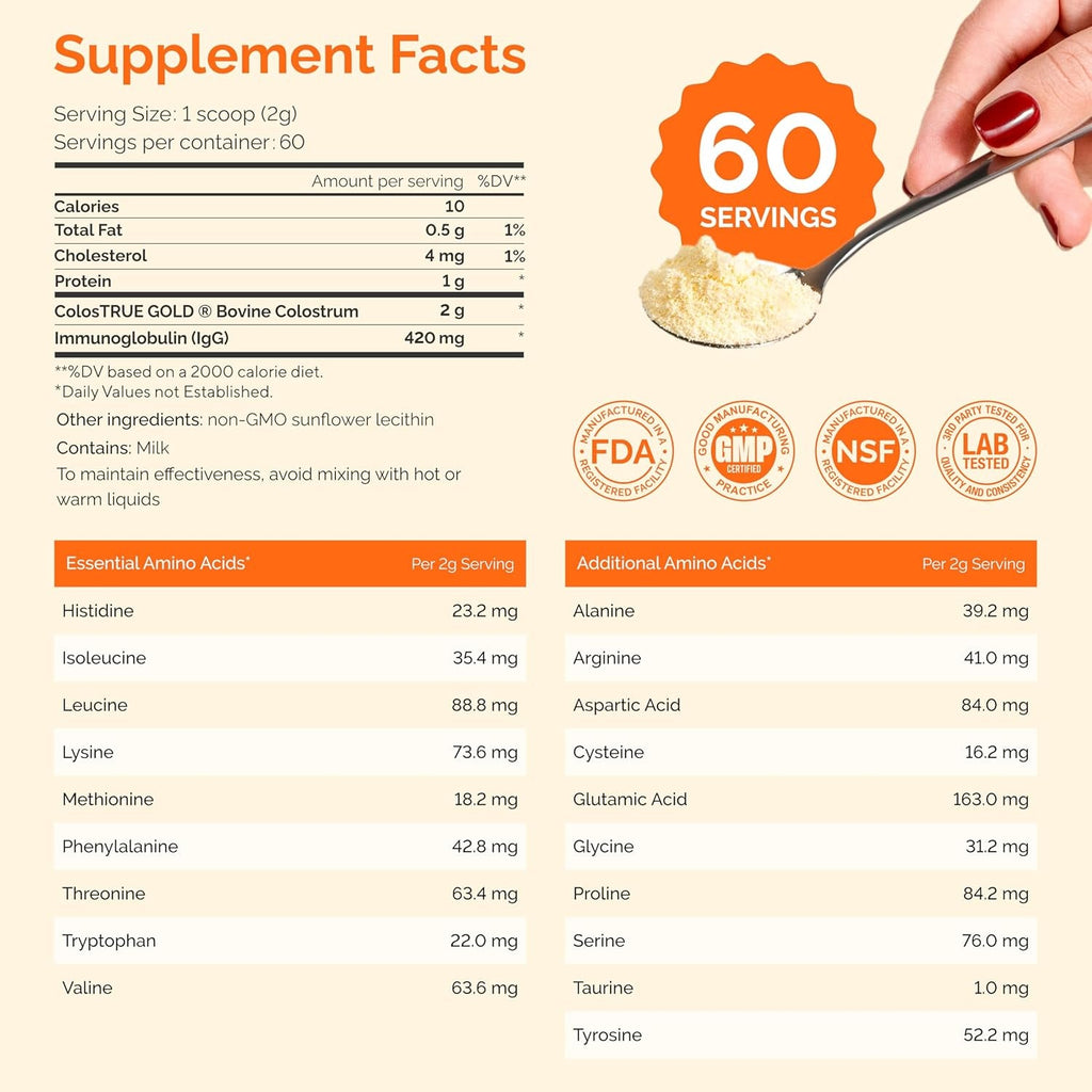 Bovine Colostrum Powder – First-Day Milking for Immune & Gut Support – 60 Servings – Supports Skin & Tissue Health – Made in USA - Amino Acids, Vitamins, Minerals – Kosher - Sustainably Sourced