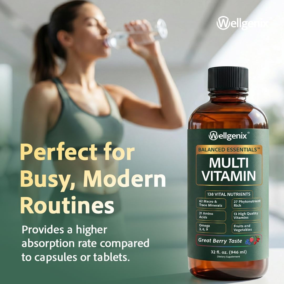 Wellgenix Balanced Essentials Liquid Multivitamin Dietary Supplement with Vitamins and Minerals – Berry Flavor – 32 Fl Oz