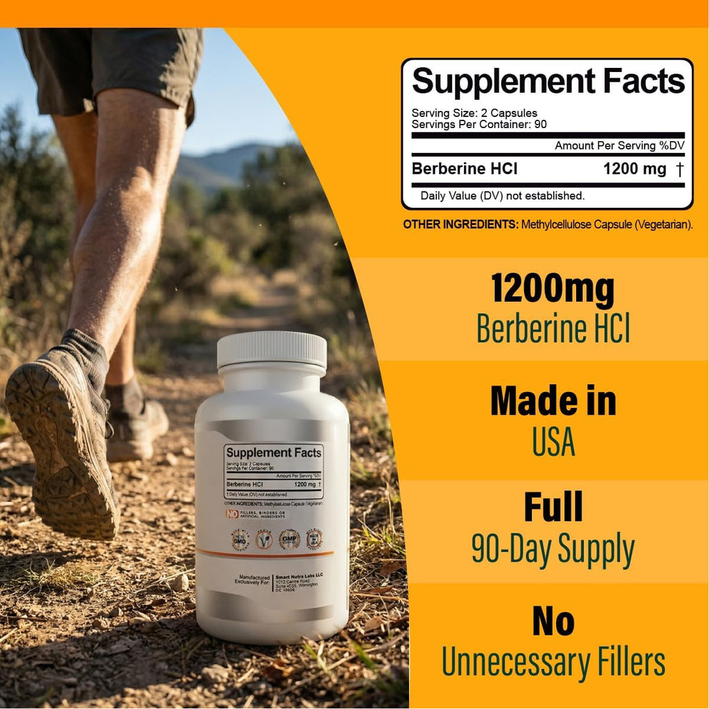 Smart Nutra Labs Premium Berberine HCL 1200Mg- 180 Vegan Capsules, 100% Pure Berberine Supplement- Non-Gmo, Gluten Free