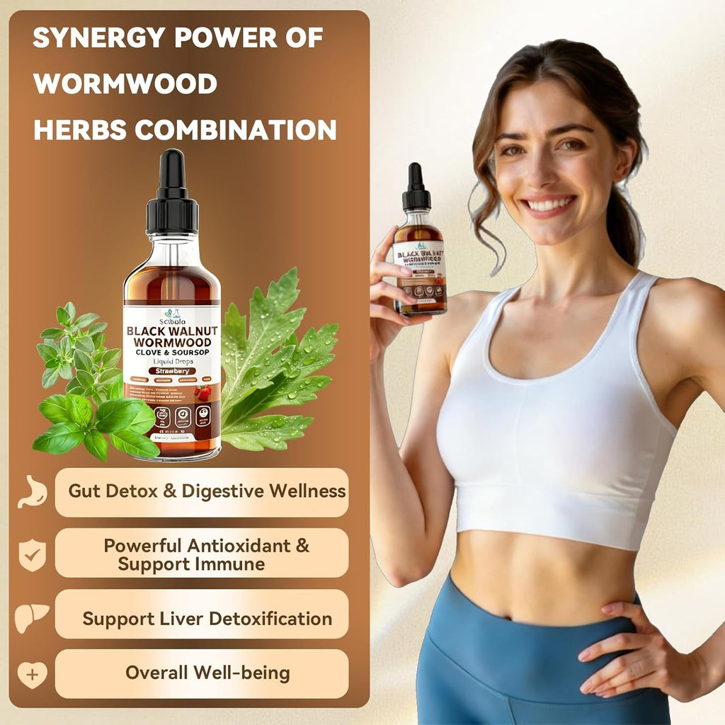 Wormwood Black Walnut Clove Cleanse for Human Drops, 19-In-1 Triple-Action Gut Detox & Digestive Wellness Organic Wormwood Tincture W. Soursop Pumpkin Garlic Oil of Oregano, Vegan