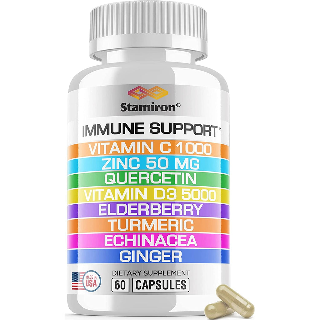 8 in 1 Immune Support with Quercetin Zinc 50Mg Vitamin C 1000Mg Vitamin D3 5000 IU and Elderberry Echinacea Ginger for Adults Kids - VIT D Supplement Veg Capsules