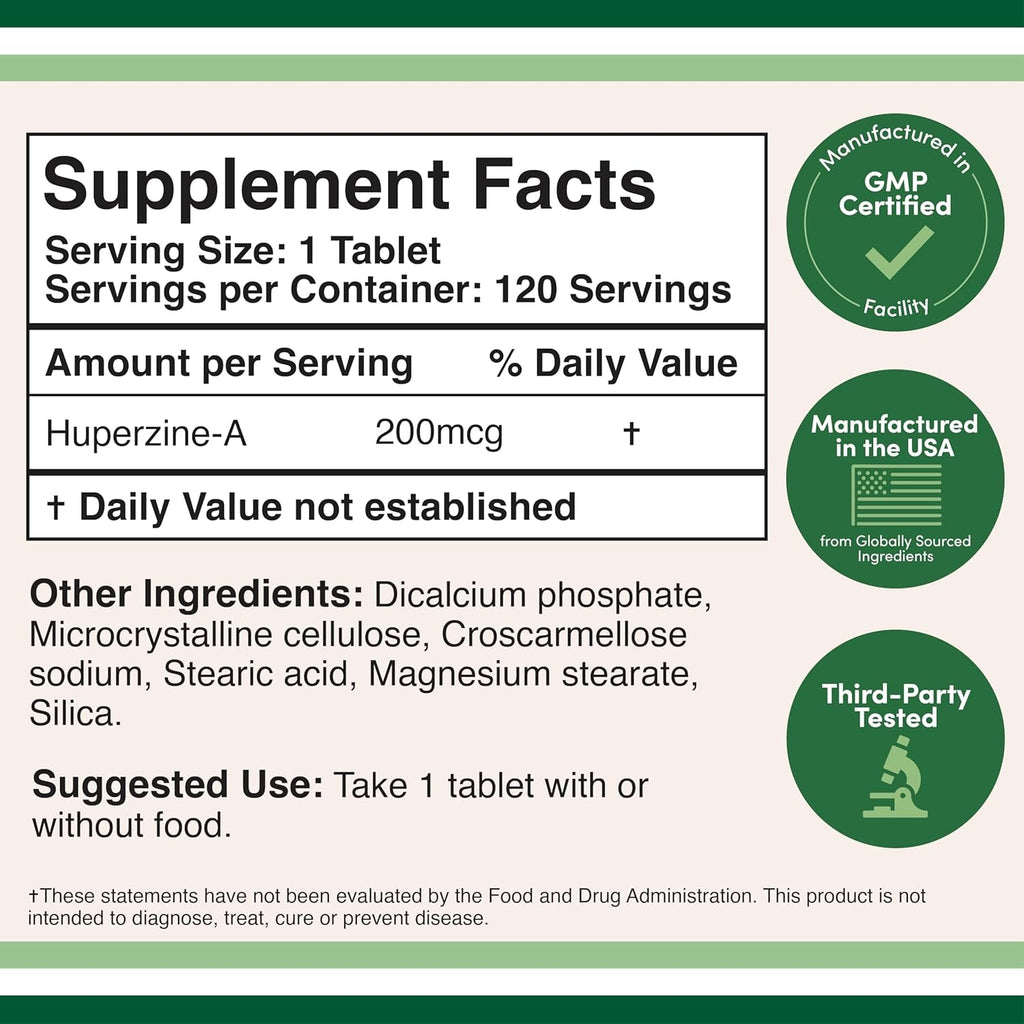 Huperzine a 200Mcg (Third Party Tested) 120 Tablets, Brain Supplement to Promote Acetylcholine (Acetylcholinesterase Inhibitor) - Supports Memory and Focus by Double Wood