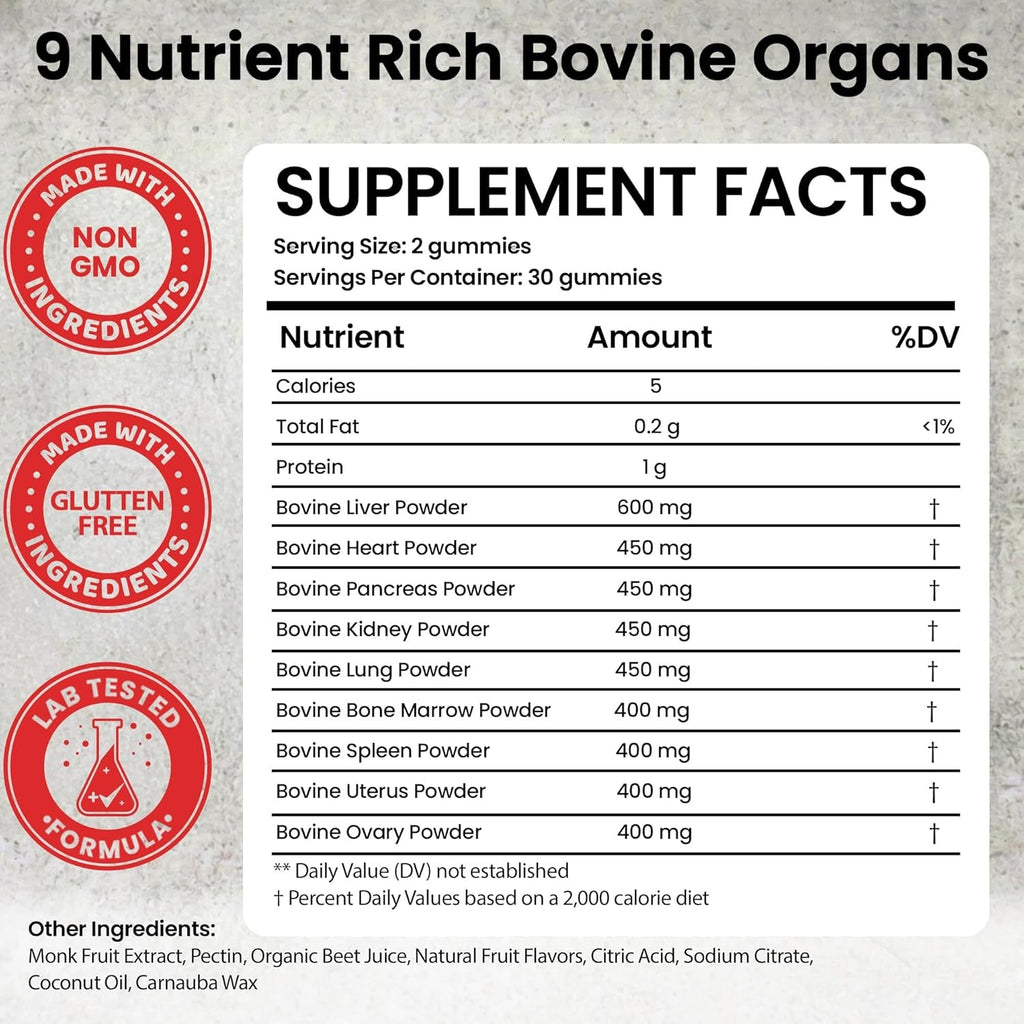 Beef Organ Supplement for Women | Grass Fed Beef Organs Liver Supplement | 9 Nutrient Rich Bovine Organs | Raised on New Zealand & Australian Pastures | No Fillers | Great Taste | 60 Gummies