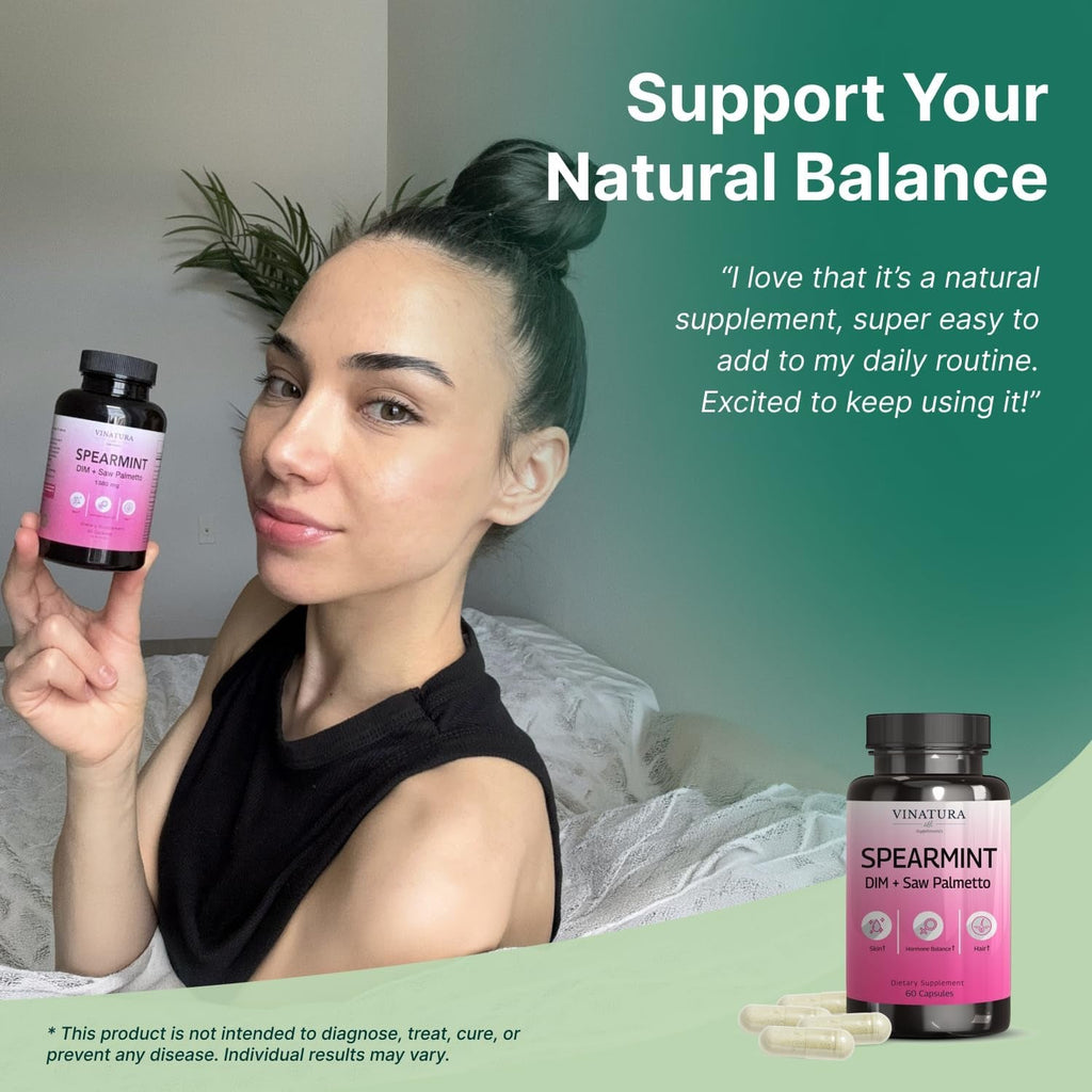 VINATURA Spearmint Capsules Supplement - Spearmint Leaf Extract Enhanced with DIM & Saw Palmetto, for Unwanted Hair, Women Health & Skin, USA Made & Tested, 60 Capsules