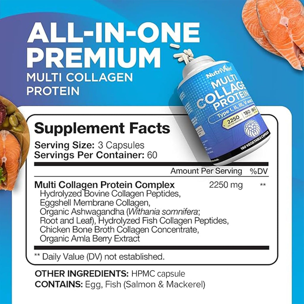Nutrivein Premium Multi Collagen Pills 2250 Mg - 180 Easy-To-Swallow Collagen Capsules: Type I, II, III, V, X Hydrolyzed Protein Peptides for Women and Men - Aging, Joints, Hair, Skin, Bones, & Nails