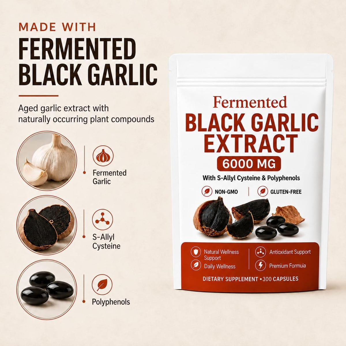 LANURAL Fermented Black Garlic Extract Capsules, 300 Softgels