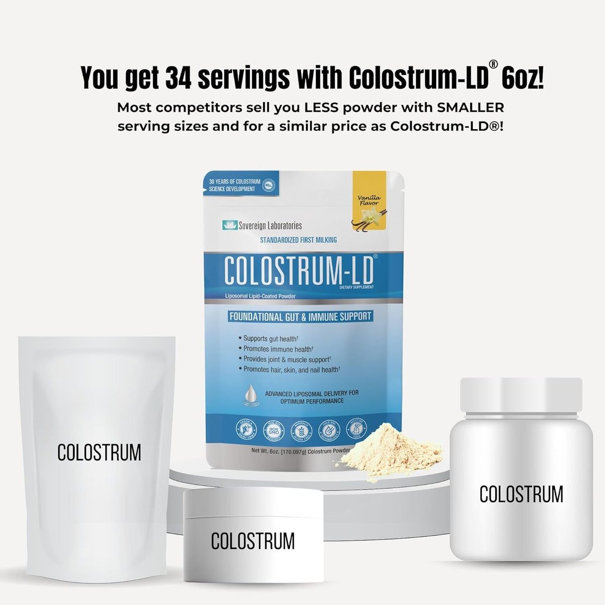 Colostrum-Ld Liposomal Delivery - Colostrum Powder - Gluten-Free, Lactose-Reduced - 34 Servings - Sovereign Laboratories - 6 Oz Vanilla